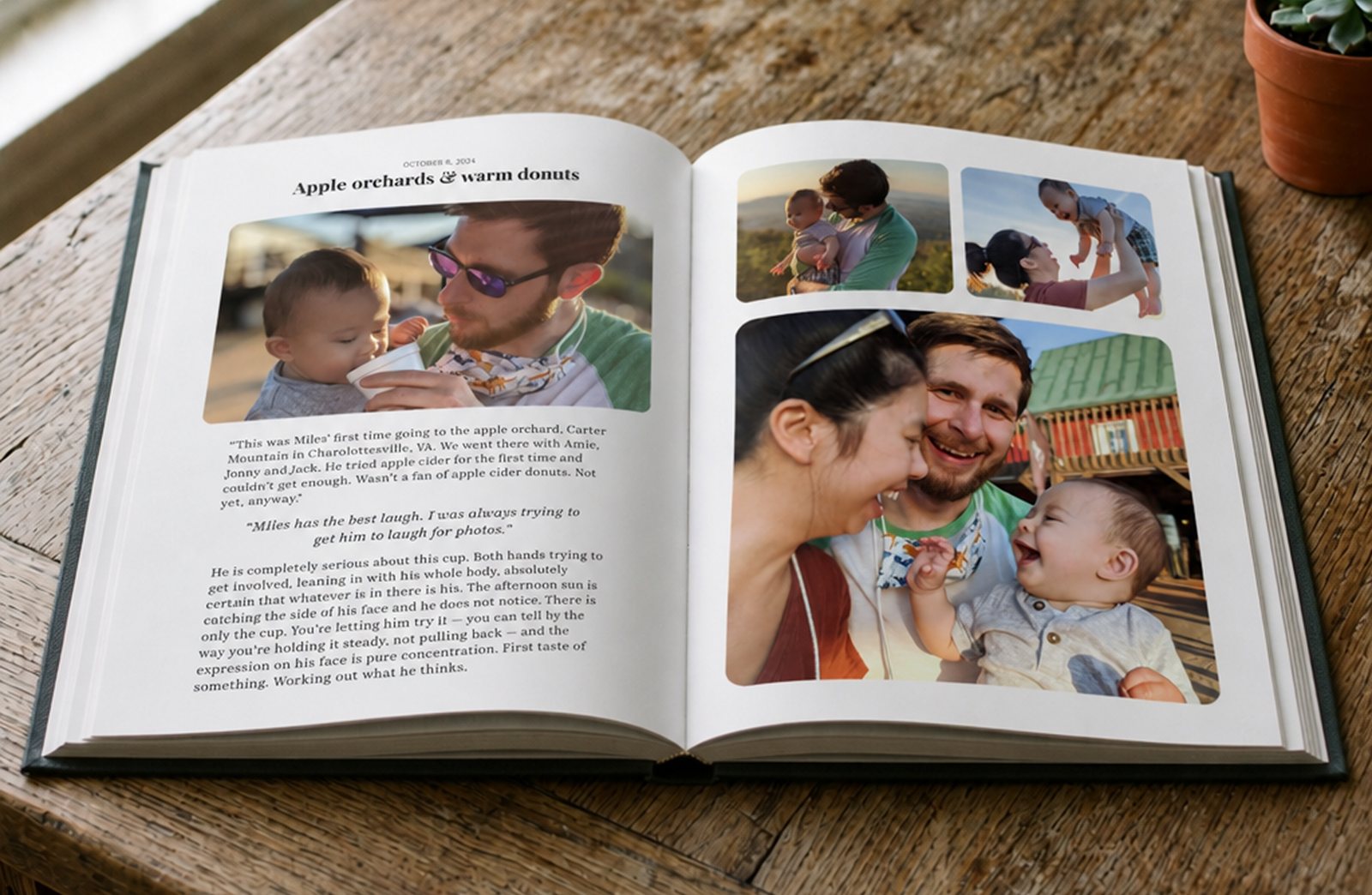 The book lying open on a wooden table, showing a moment titled &lsquo;Apple orchards & warm donuts&rsquo; with family photos and answers