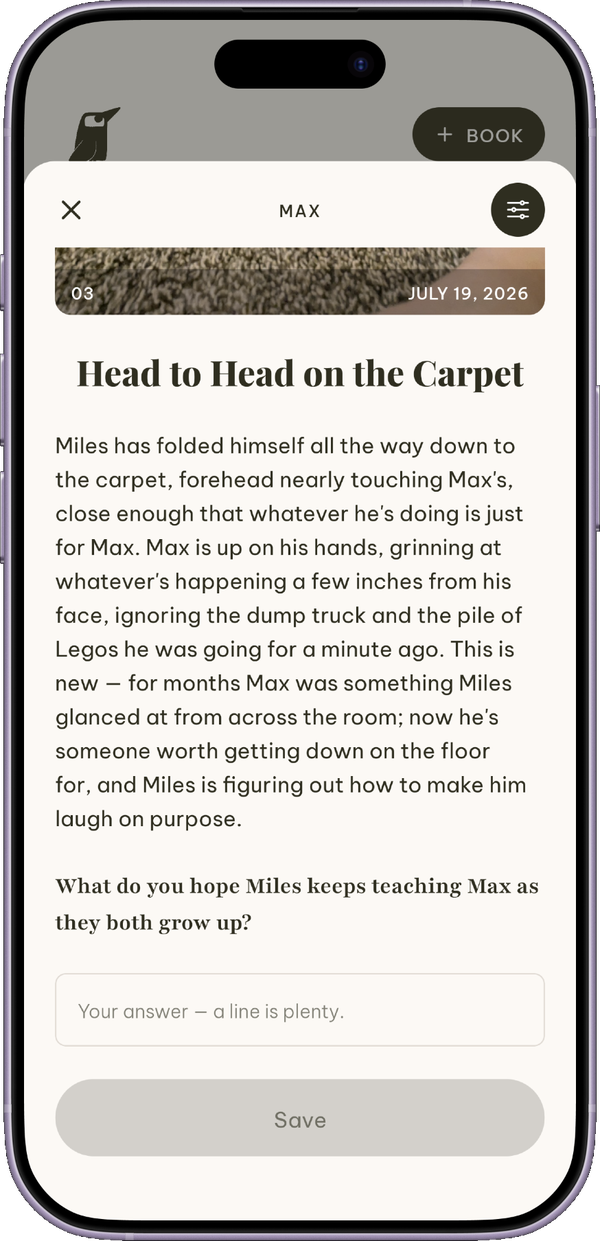 A moment sheet titled &lsquo;Head to Head on the Carpet&rsquo; with a written scene, a question, and an answer field