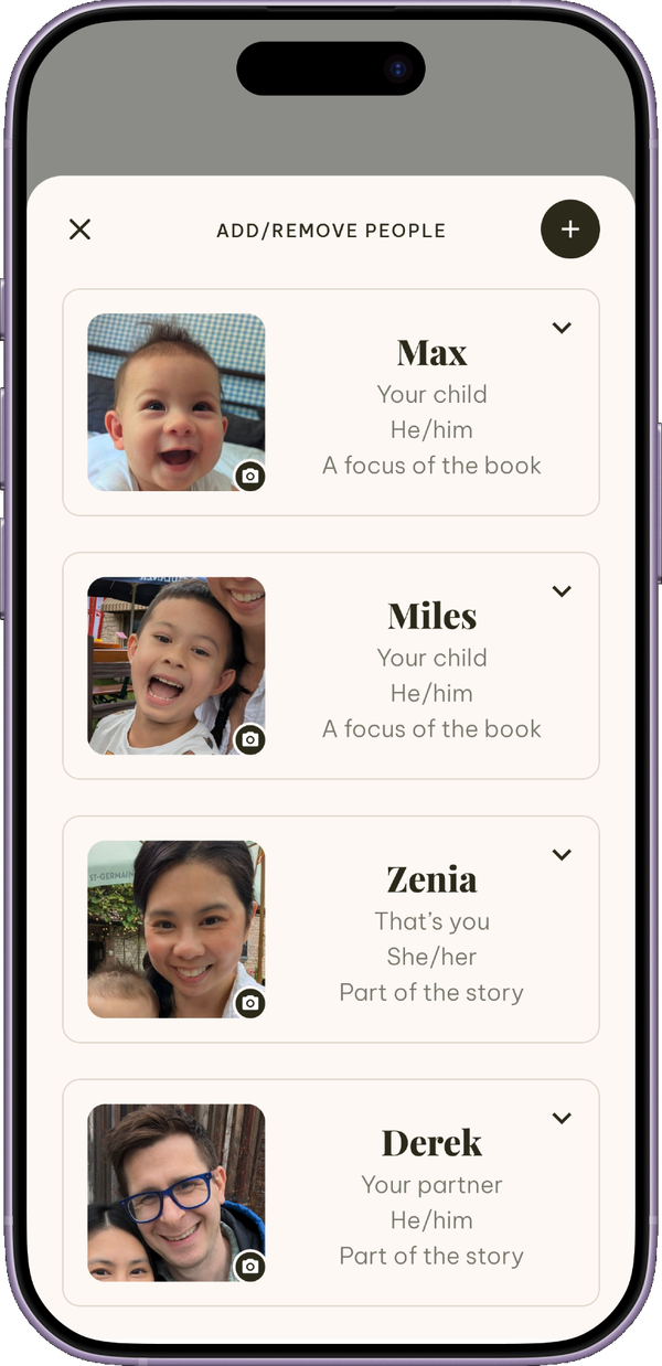 Found & Felt onboarding screen listing the people found in your photos, with names, pronouns, and their place in the story